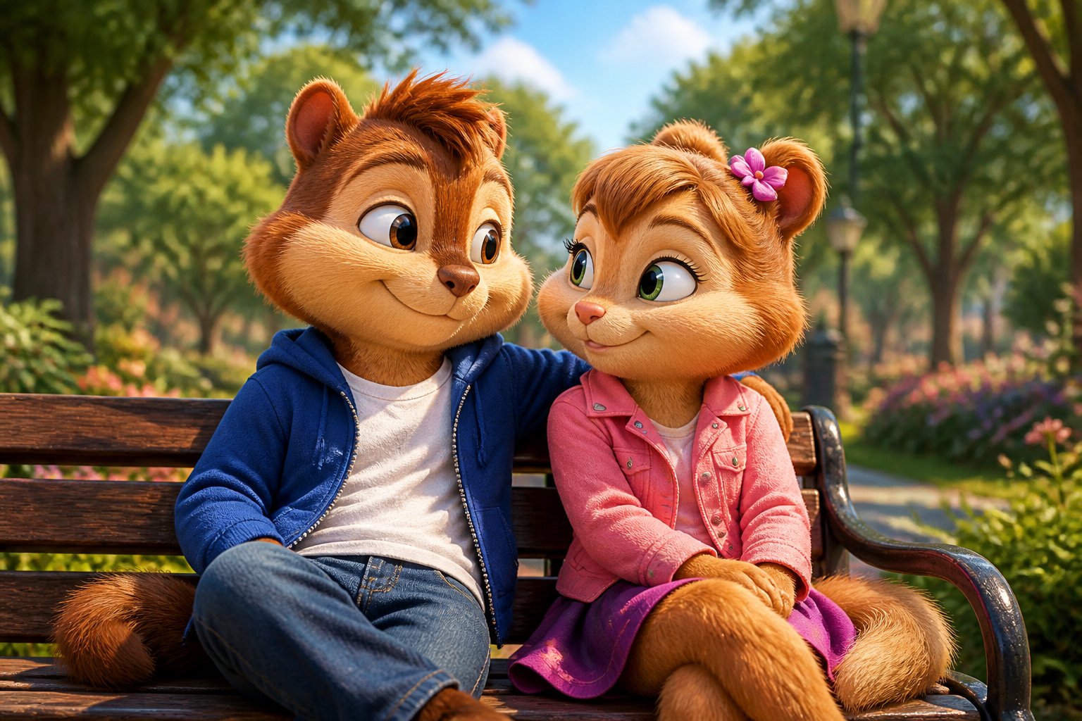 Two chipmunk-like characters sitting together on a park bench, looking at each other affectionately in a sunlit park.