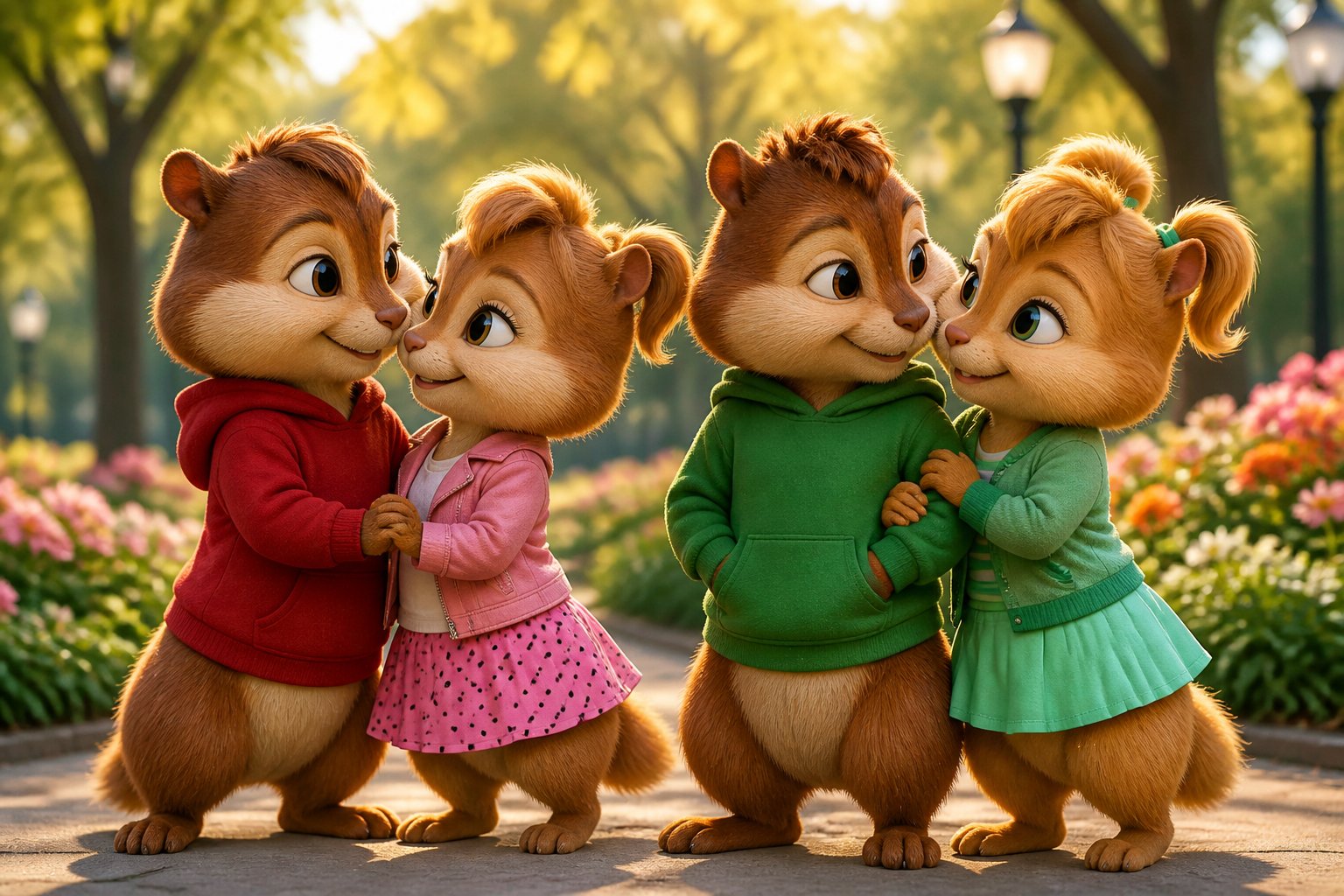 Two chipmunks and two chipettes interacting affectionately in a sunny park setting.