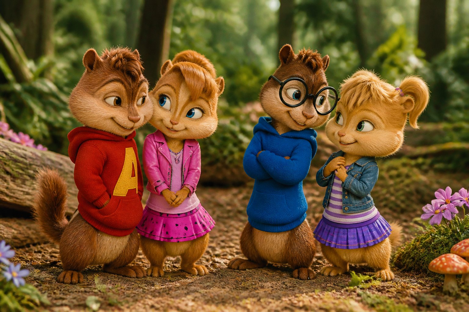 Two chipmunks and two chipettes interacting playfully in a colorful forest setting with trees and sunlight.