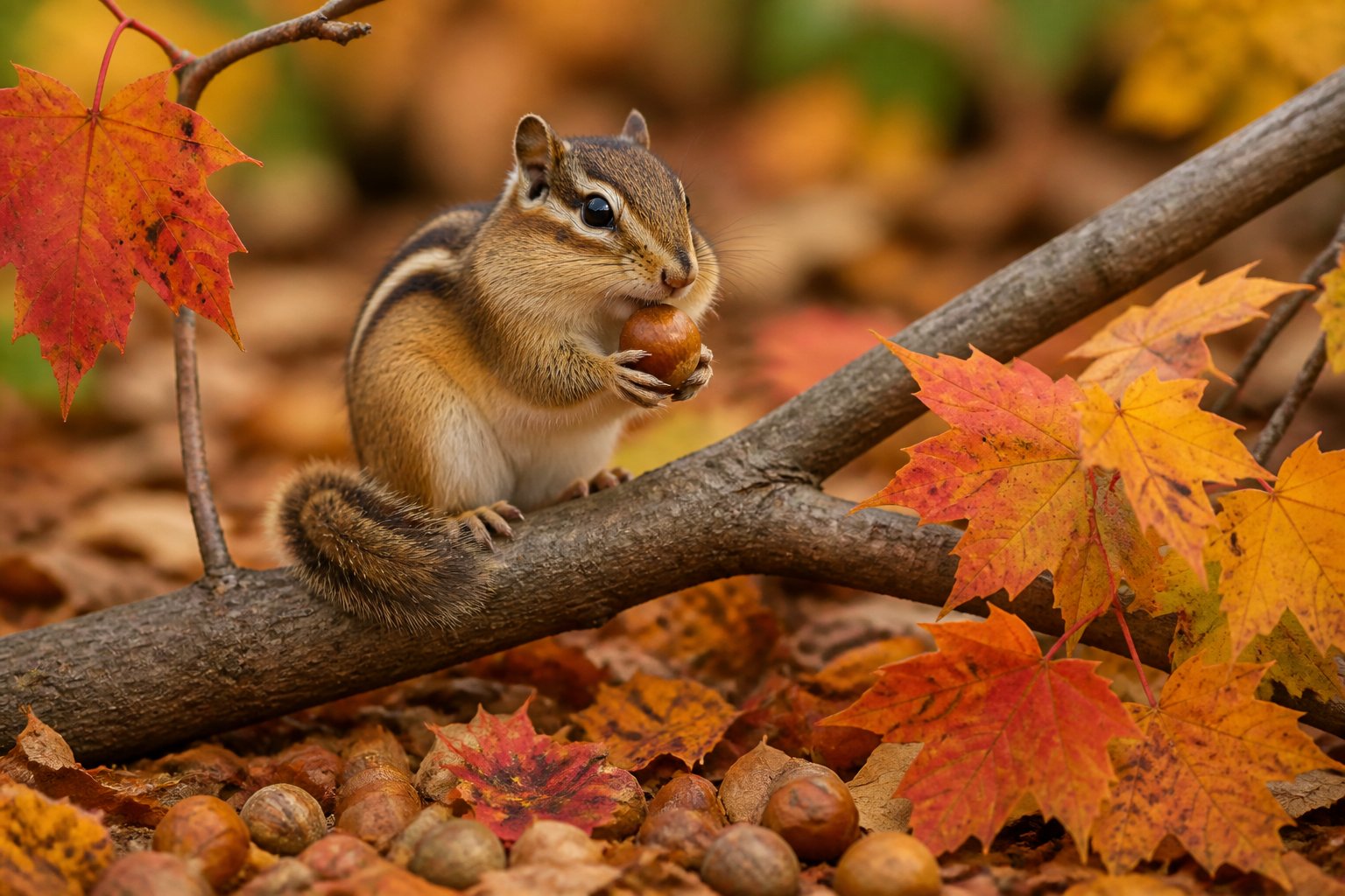 A chipmunk sitting on a tree branch surrounded by colorful autumn leaves holding an acorn.