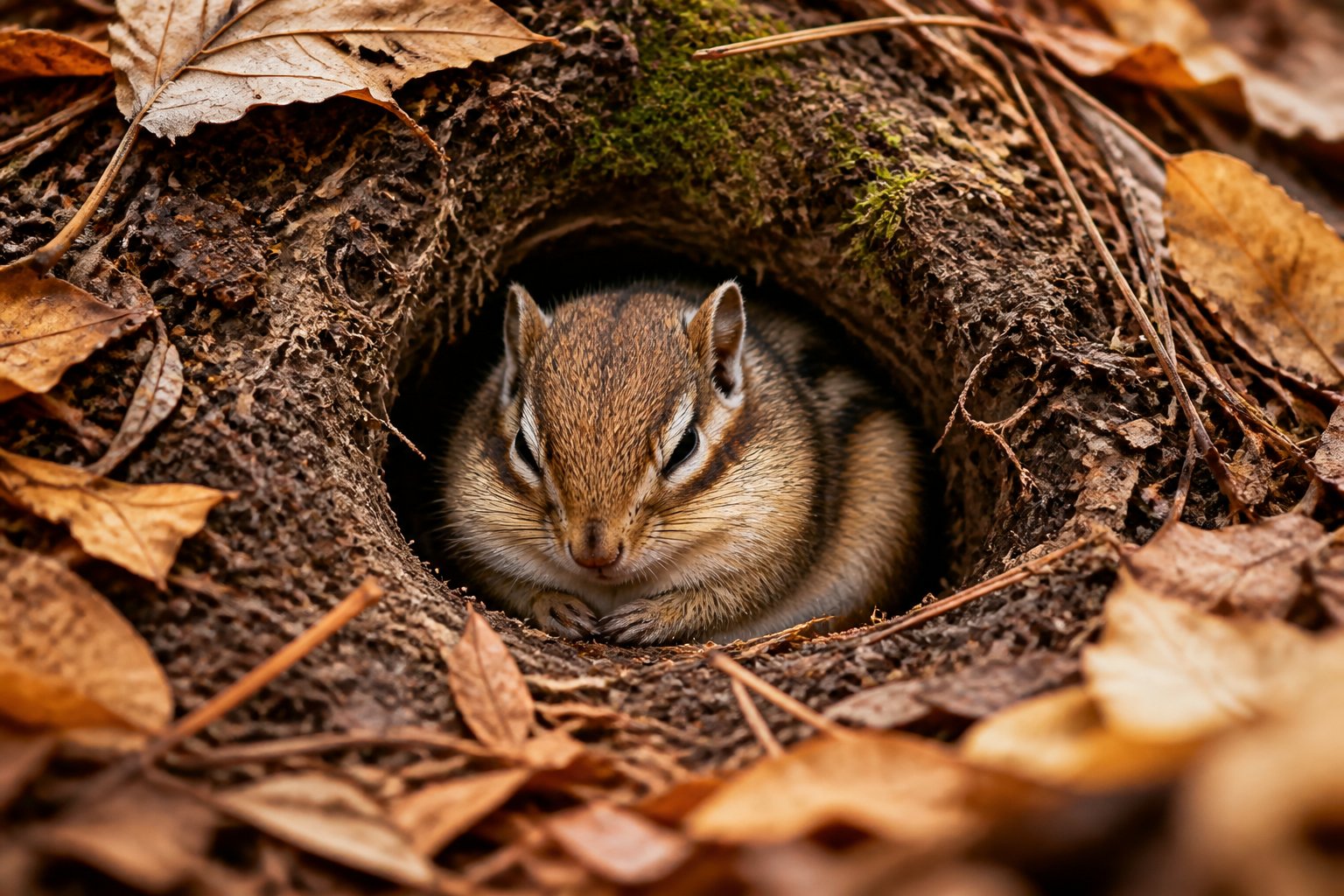 A chipmunk resting at the entrance of its burrow surrounded by fallen leaves in a forest.