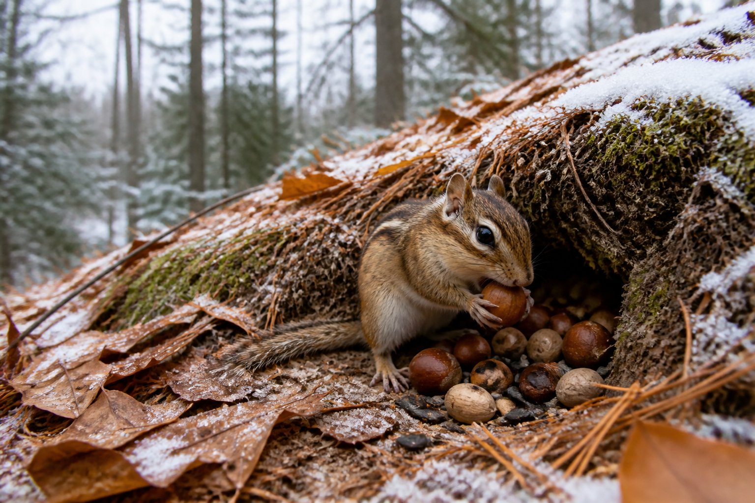 A chipmunk gathering nuts near its burrow in a snowy forest during late autumn.