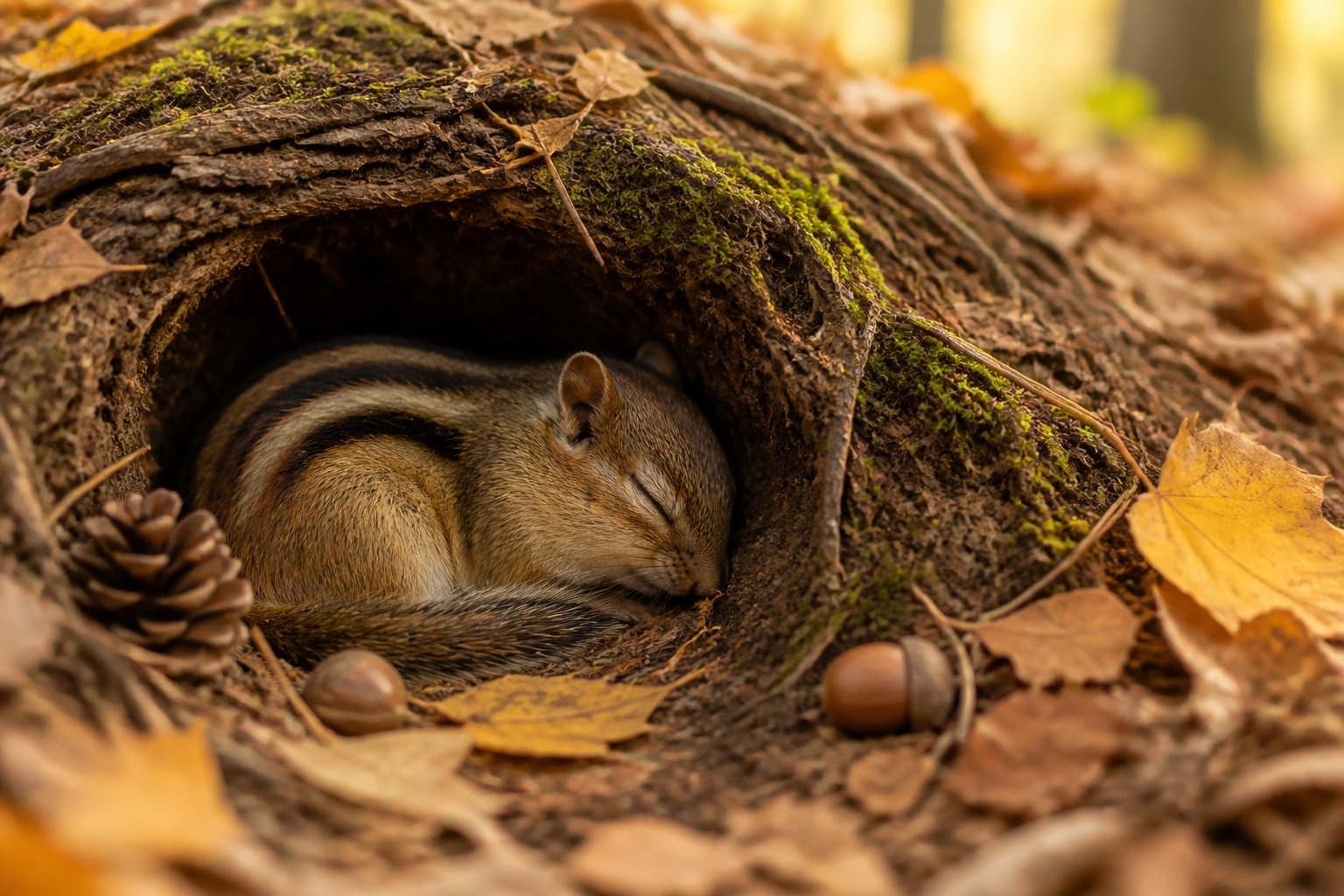 A chipmunk resting inside a burrow surrounded by fallen leaves and forest floor debris.