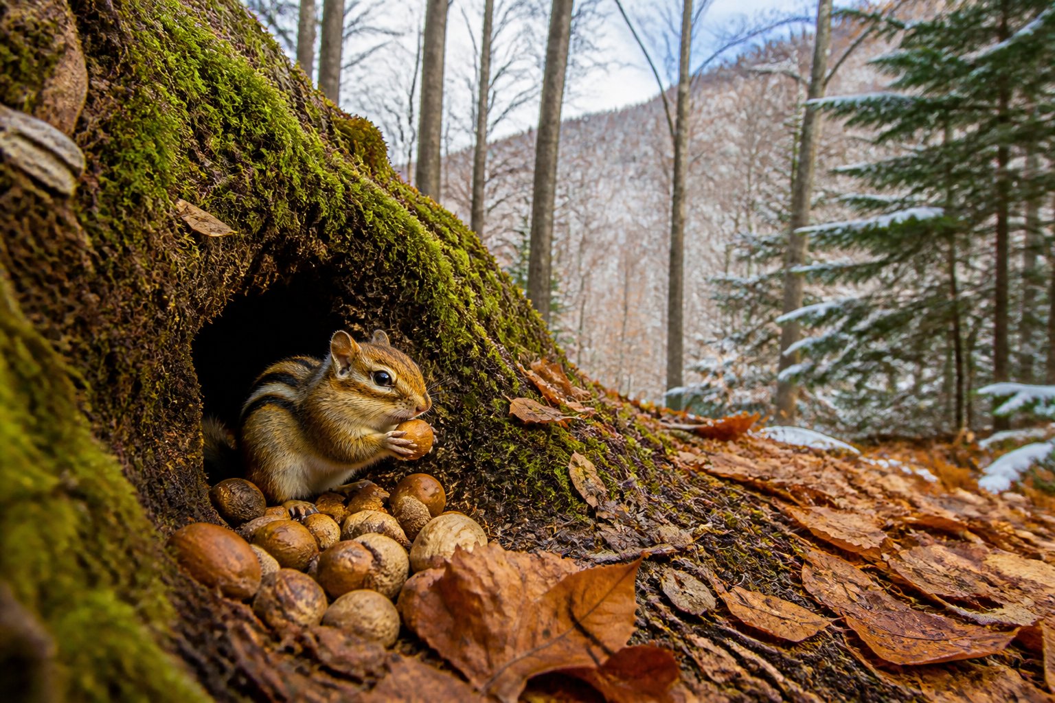 A chipmunk gathering food near its burrow in a forest with autumn leaves on the ground.