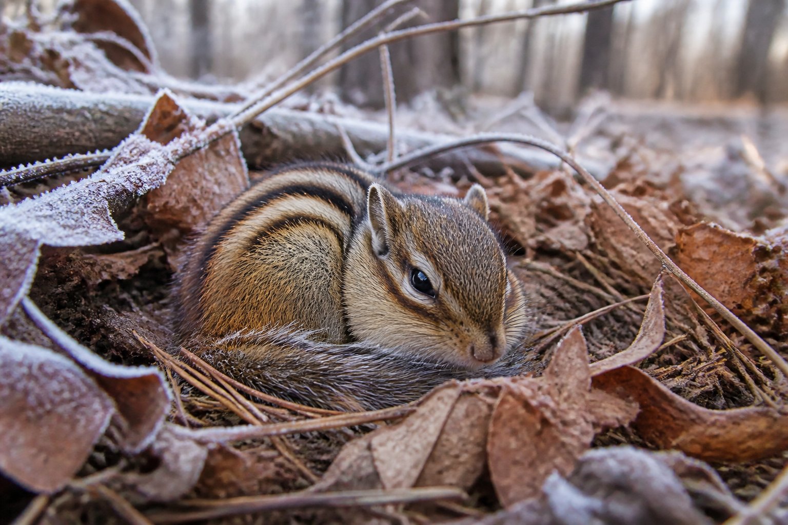 A chipmunk curled up on dry leaves in a forest with light frost during late autumn or early winter.