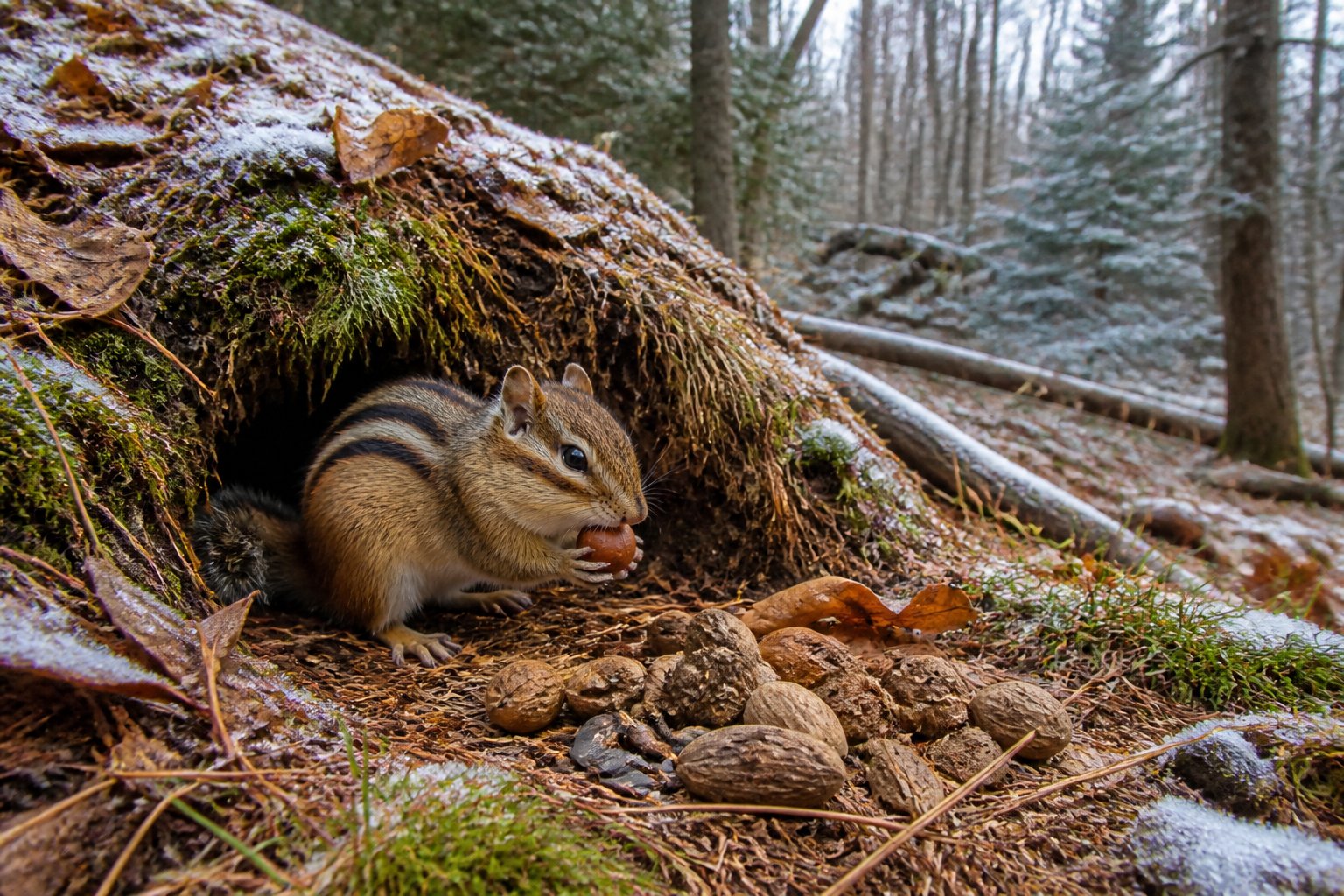 A chipmunk near its burrow in a forest with fallen leaves and light frost, gathering food for winter.