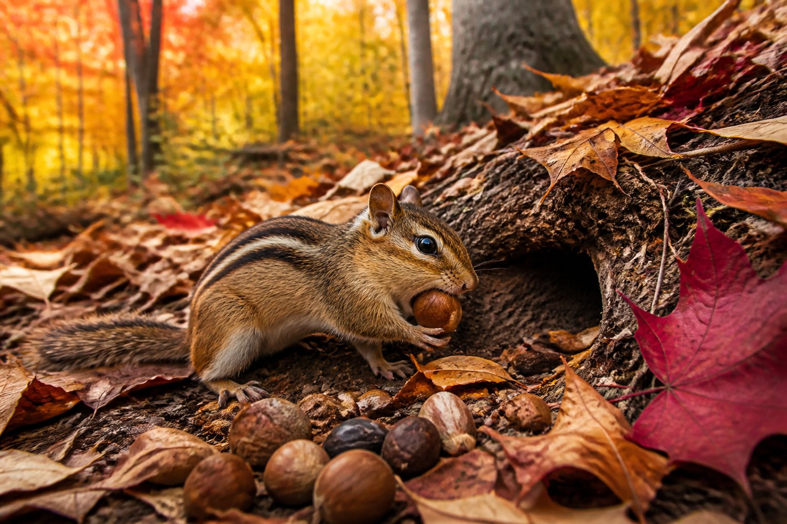 A chipmunk gathering food among fallen leaves in a forest during autumn, preparing for winter.