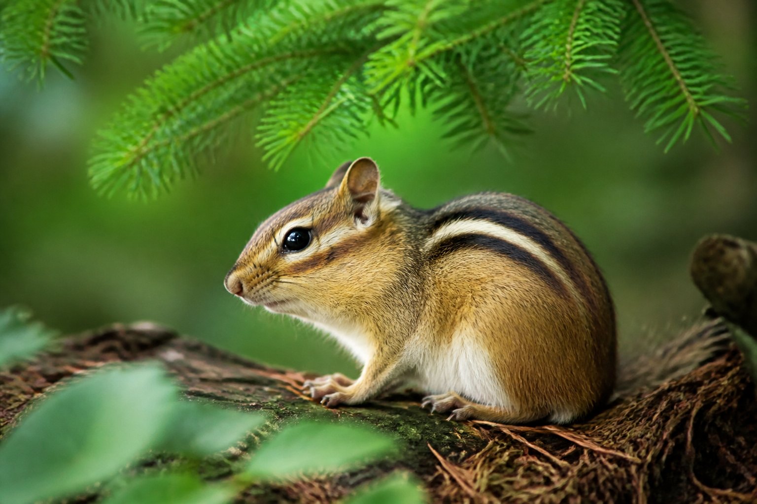 A close-up of a chipmunk sitting on a tree branch in a forest with green foliage around it.