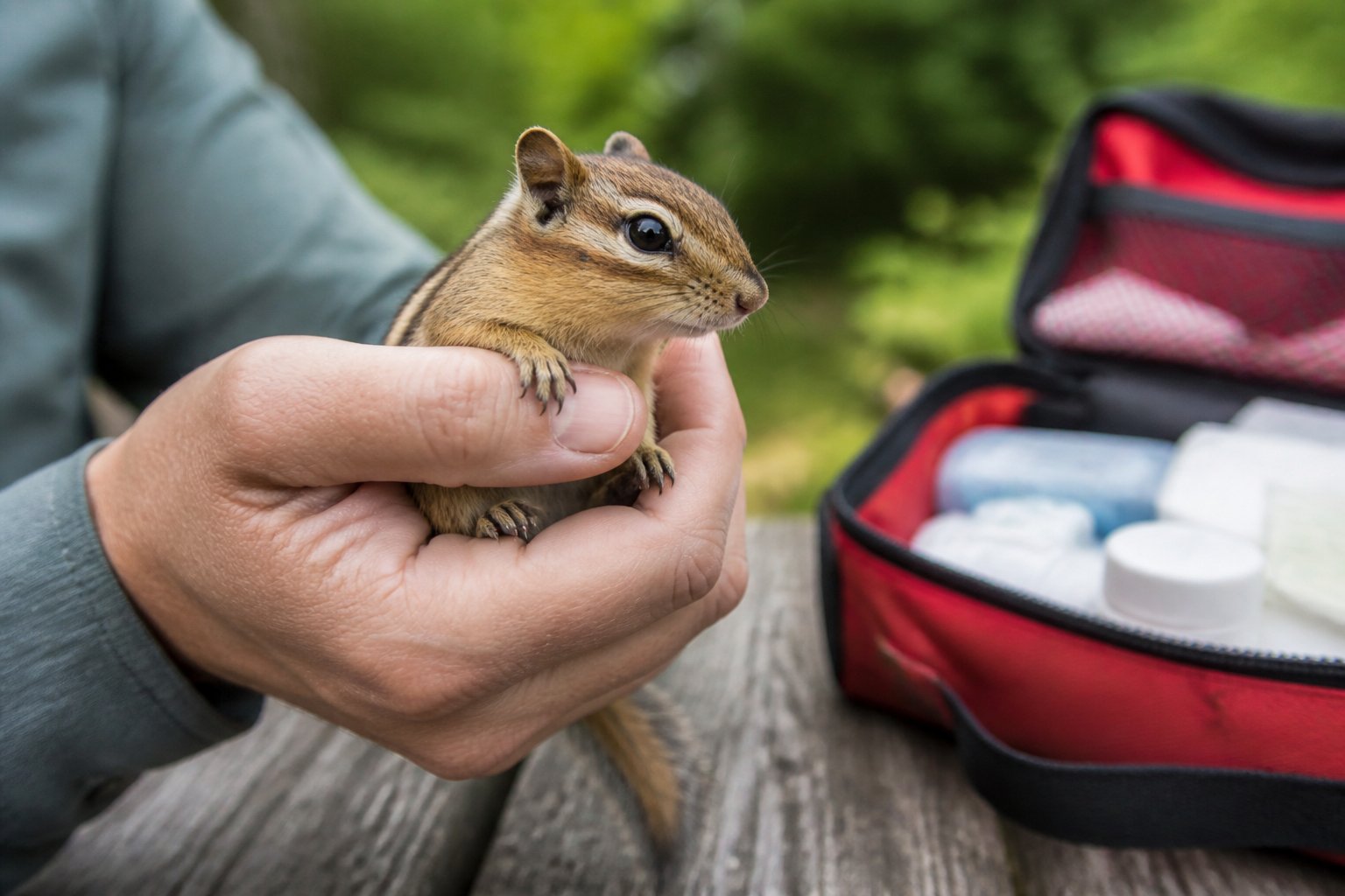 A person gently holding a small chipmunk outdoors with a first aid kit nearby.