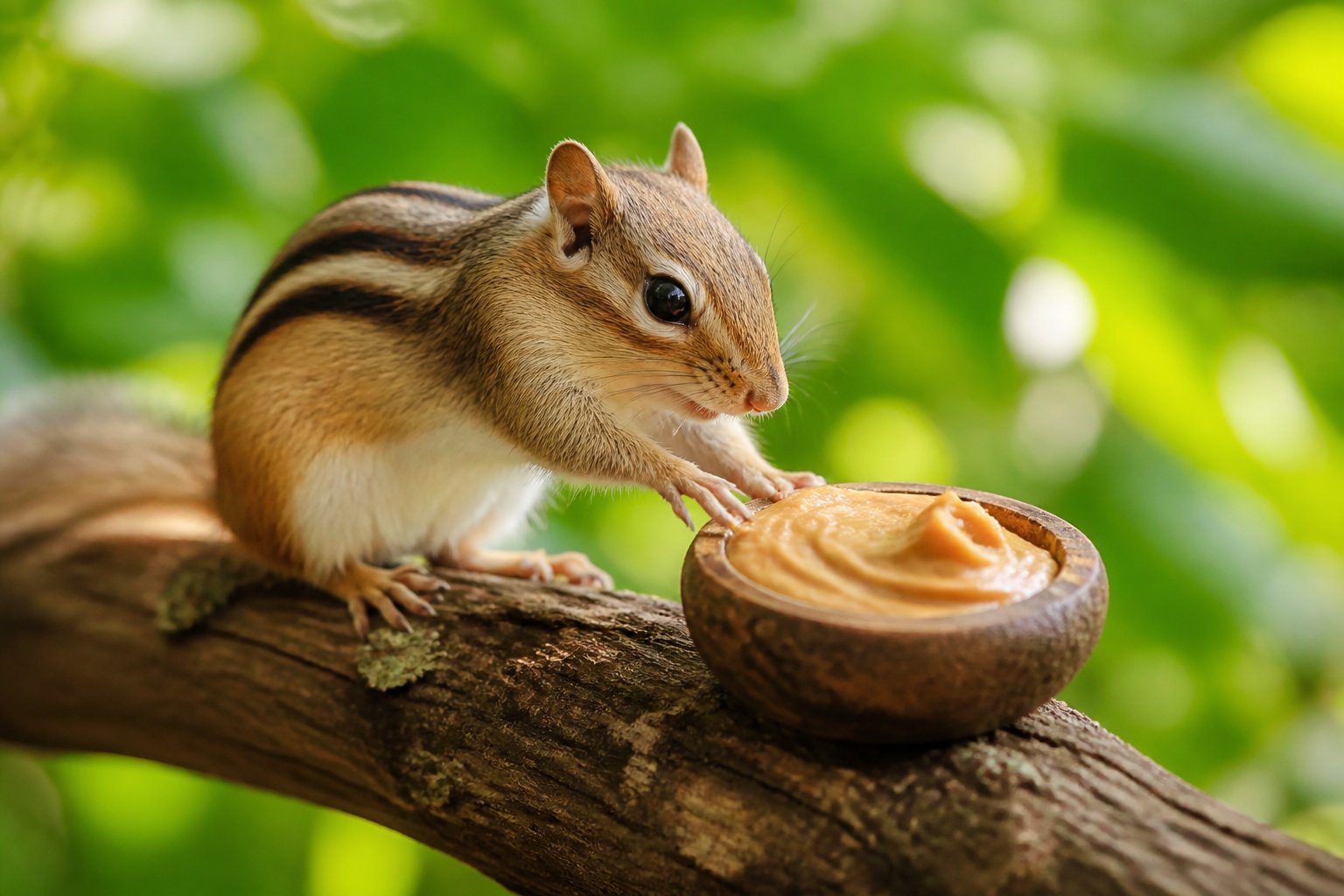 A chipmunk on a tree branch reaching towards a small bowl of peanut butter in a green forest.