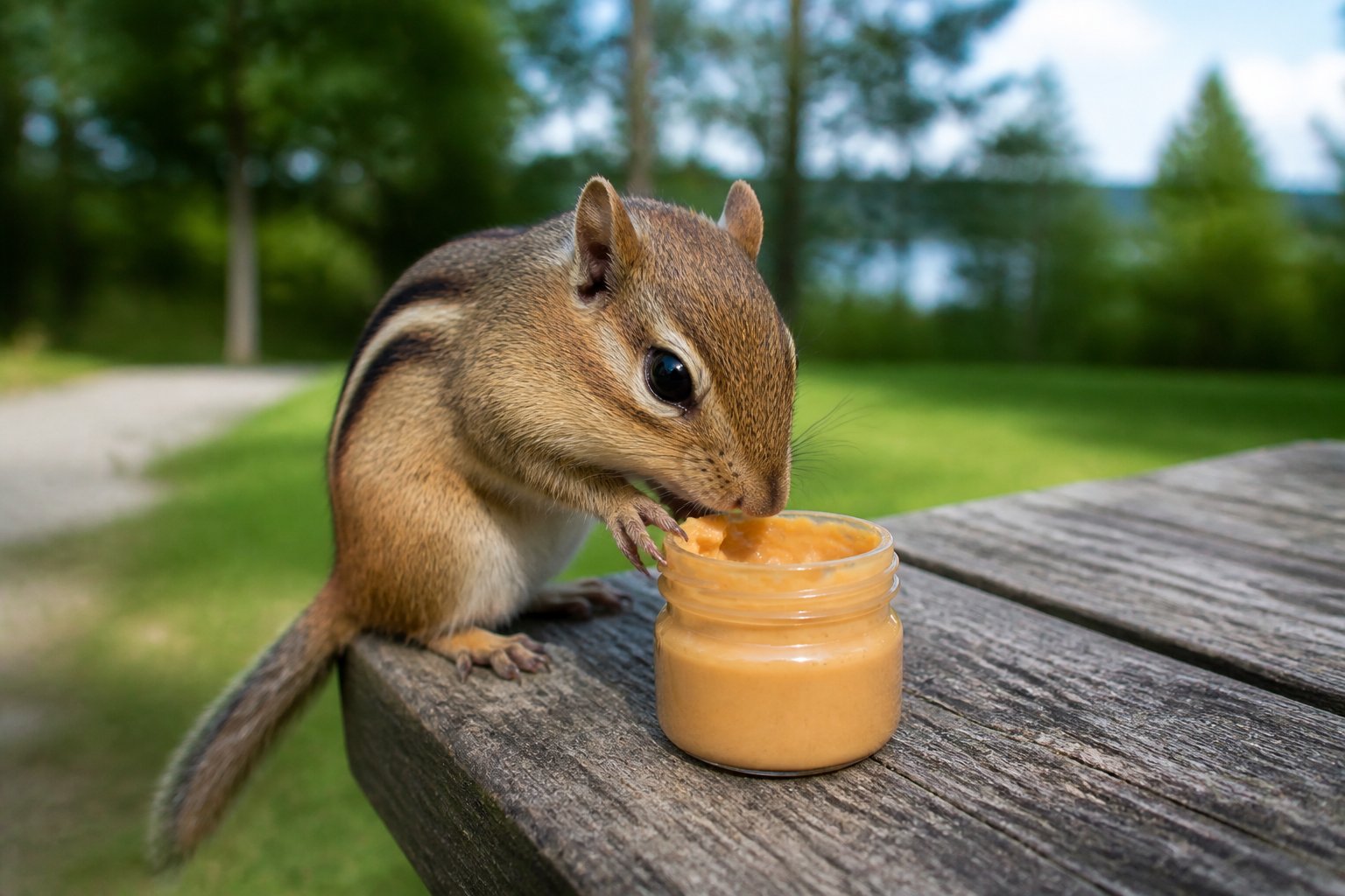 A chipmunk on a wooden table reaching towards an open jar of peanut butter outdoors.