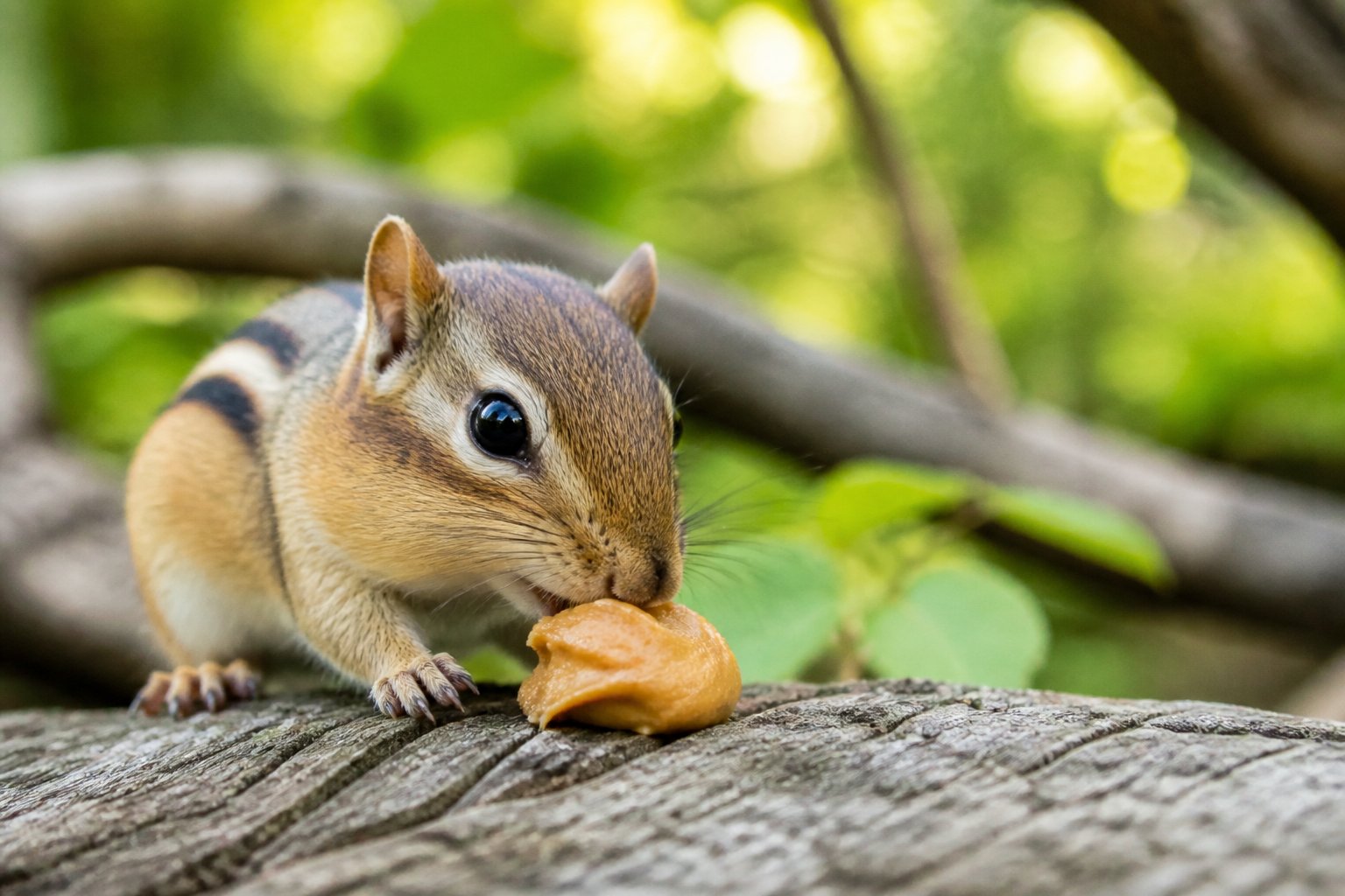A chipmunk nibbling on a small piece of peanut butter outdoors on a wooden surface surrounded by green foliage.