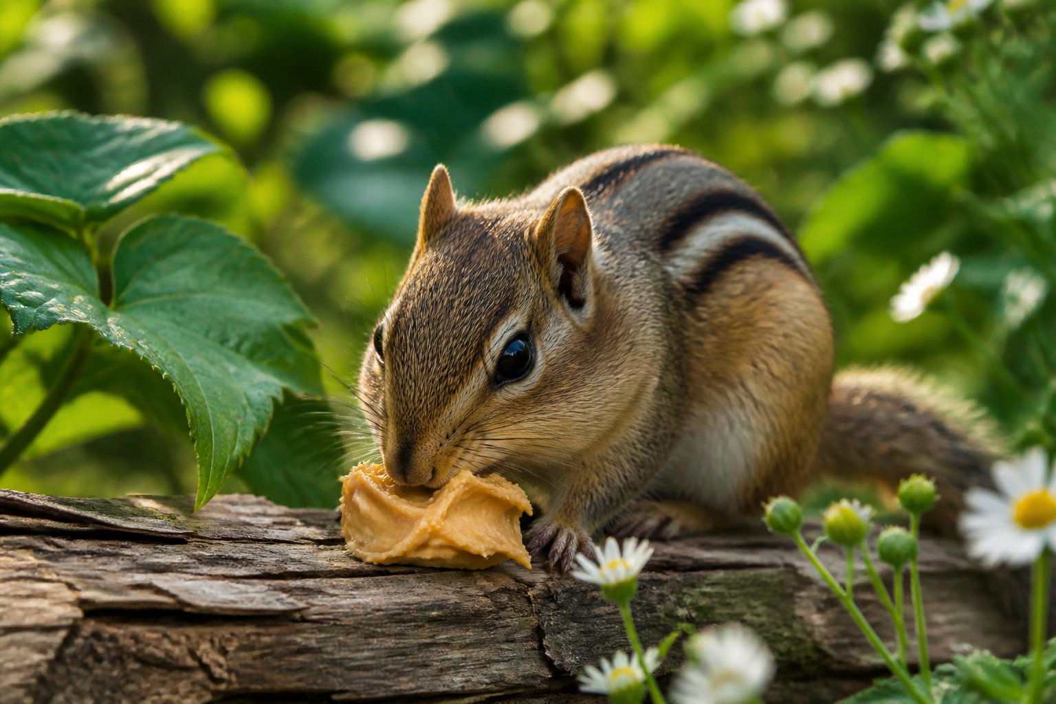 A chipmunk eating peanut butter on a wooden surface in a green backyard setting.