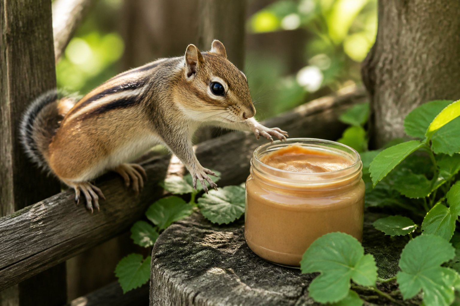 A chipmunk reaching toward an open jar of peanut butter outdoors on a tree stump surrounded by greenery.