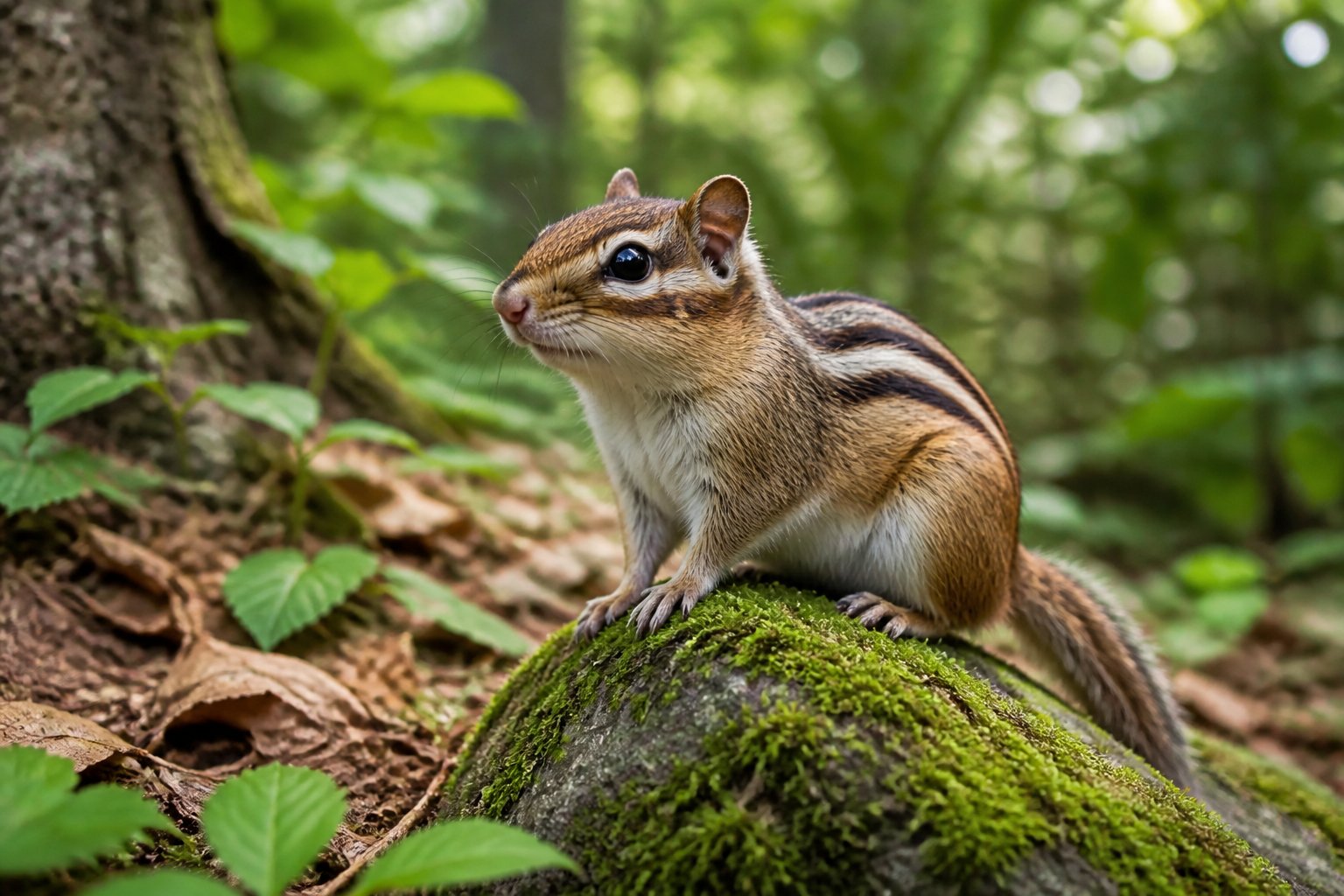A chipmunk with striped fur sitting on a mossy rock in a green forest.