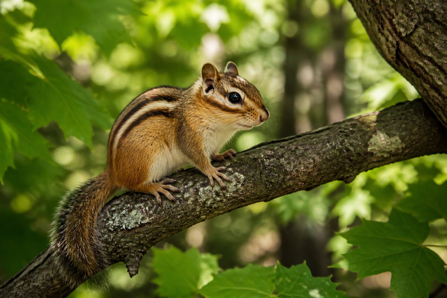 A chipmunk with stripes sitting on a tree branch in a green forest.