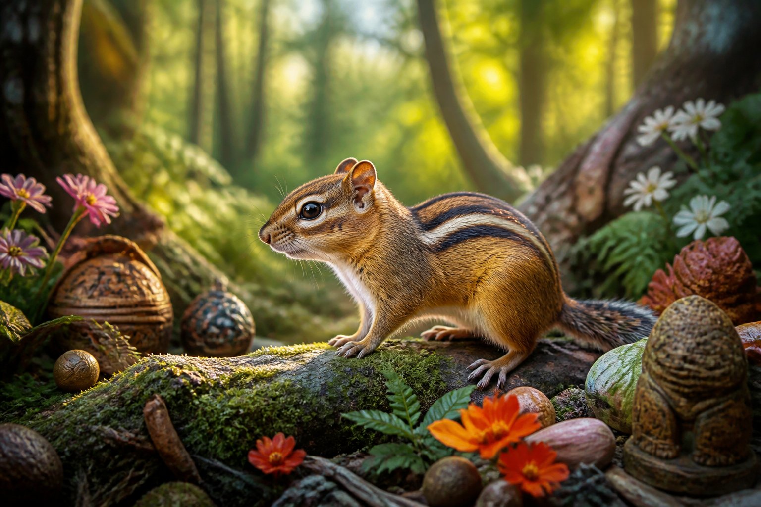 A chipmunk with stripes on its back sitting on a tree branch in a forest surrounded by plants.