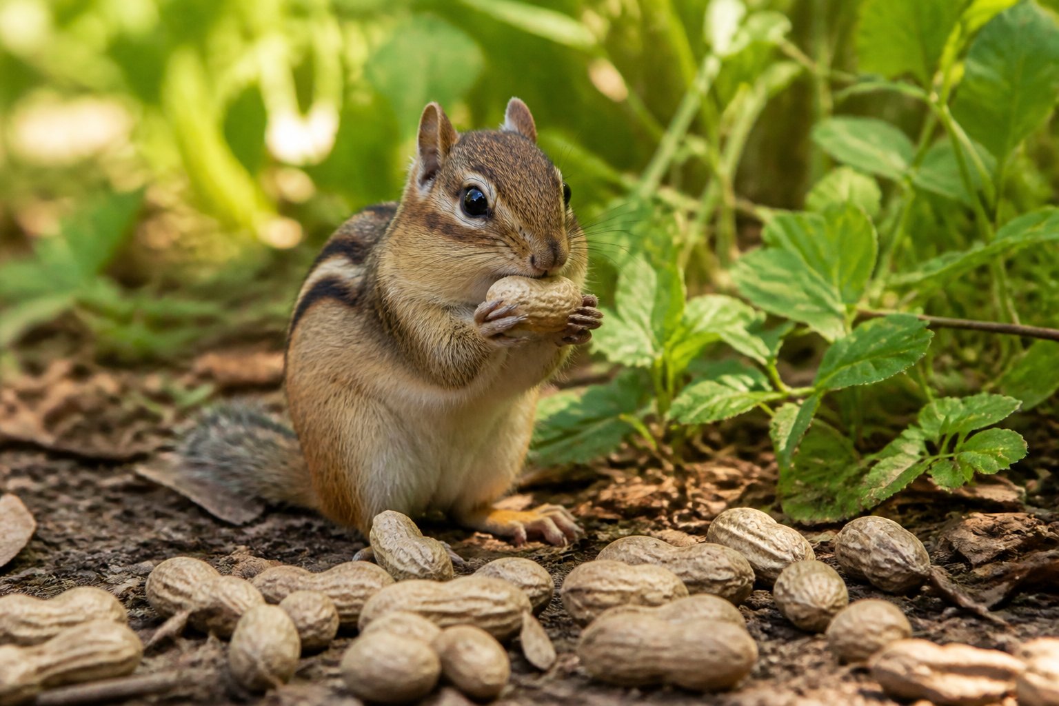 A chipmunk holding and eating a peanut on a forest floor with green plants around.