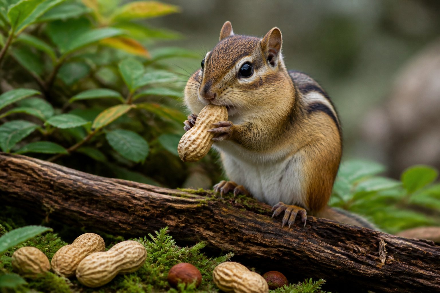 A chipmunk holding and eating a peanut while sitting on a tree branch in a forest.