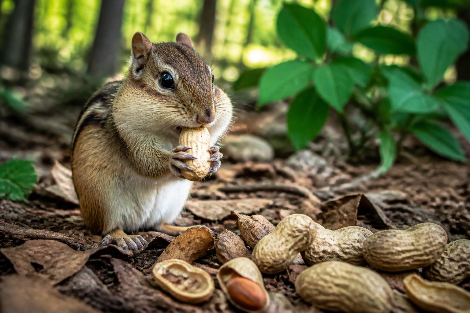 A chipmunk eating a peanut while sitting on a forest floor with scattered peanut shells around.