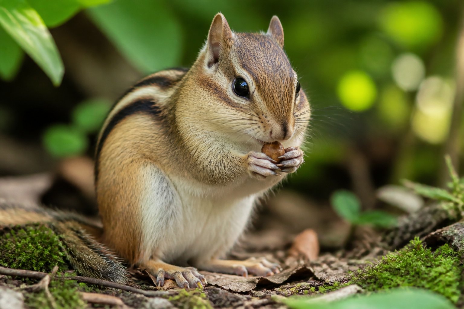 A chipmunk holding and eating a nut while sitting on the forest floor surrounded by leaves and greenery.