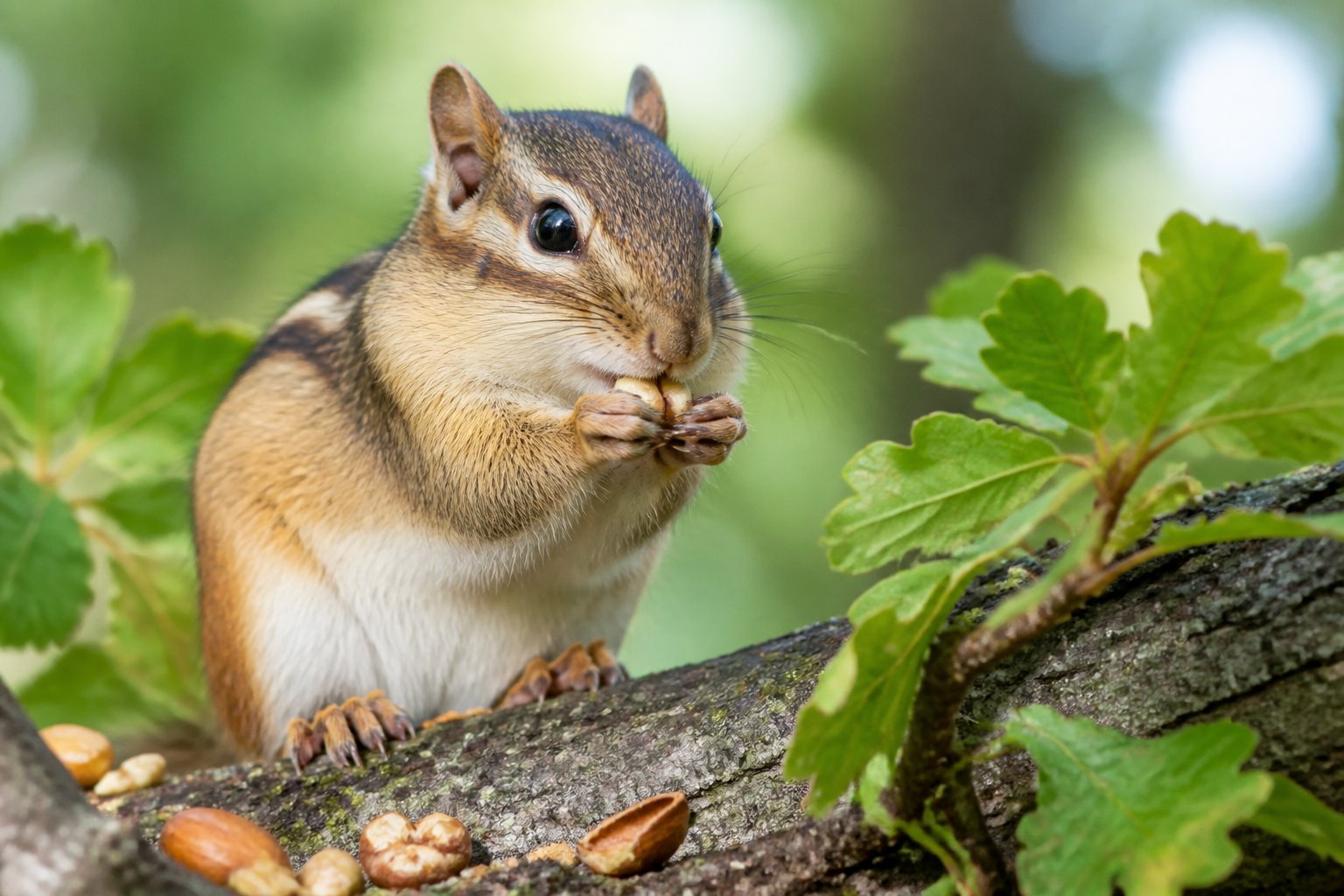 A chipmunk eating while sitting on a tree branch surrounded by leaves and nuts.