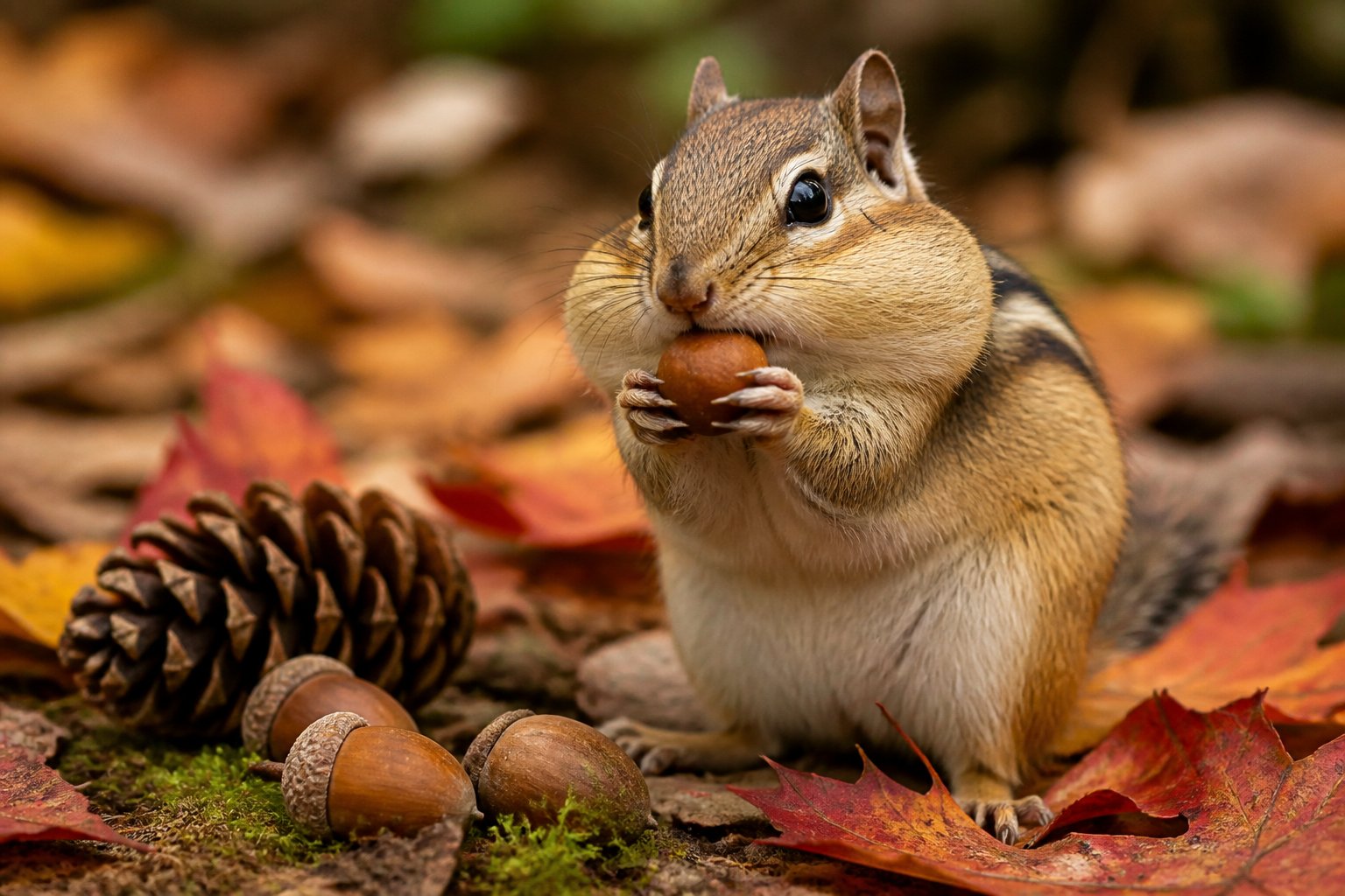 A chipmunk holding food with full cheek pouches in a forest setting surrounded by leaves and nuts.