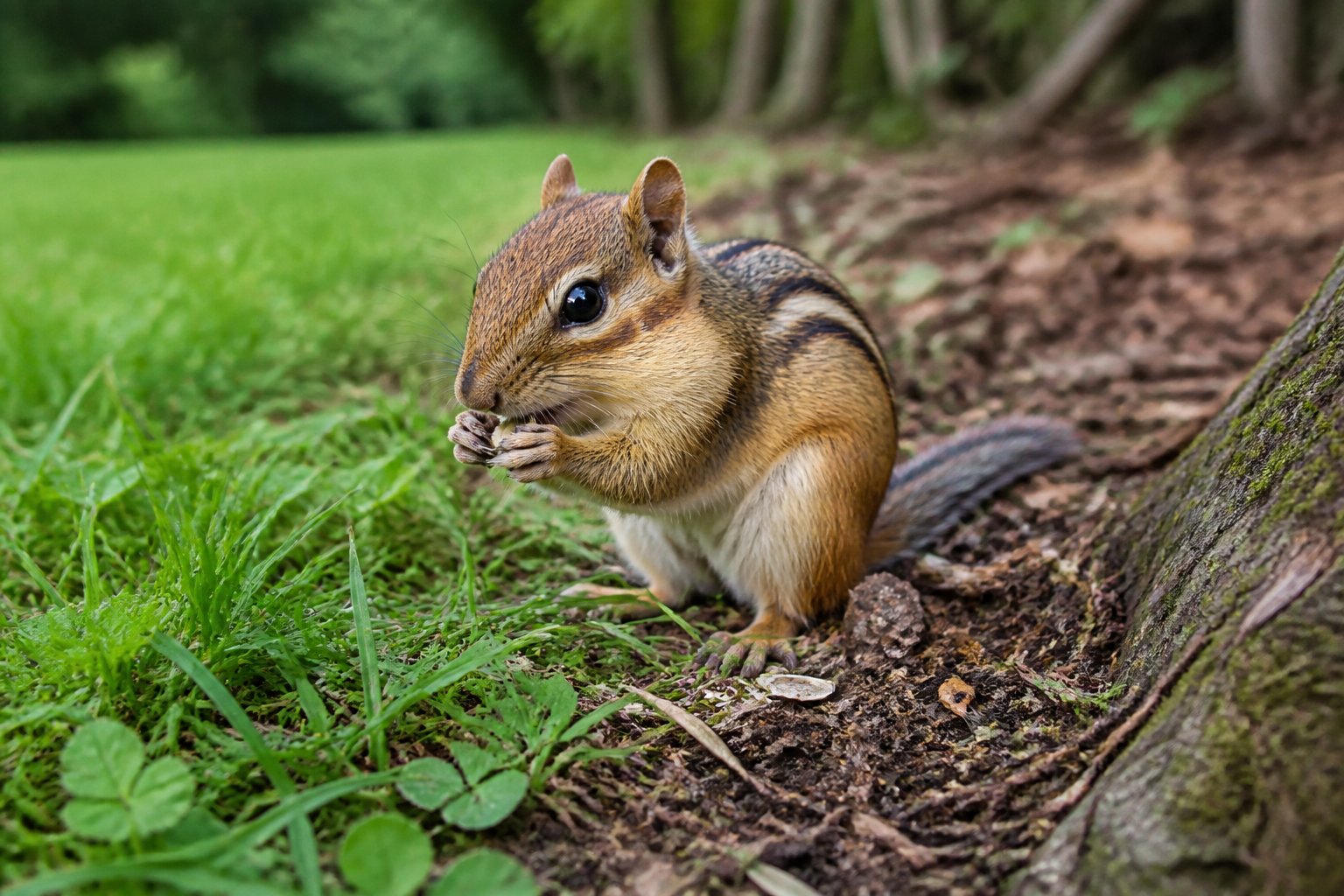 A chipmunk eating seeds on the ground in a natural outdoor setting with grass and plants around it.