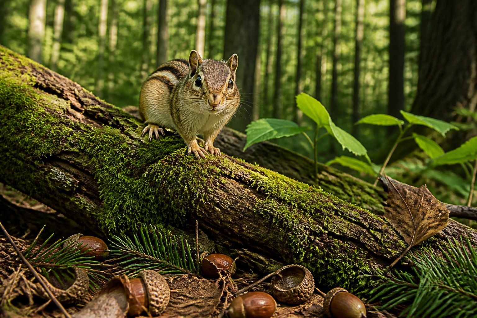 A chipmunk sitting on a mossy tree branch in a green forest with sunlight filtering through the trees.