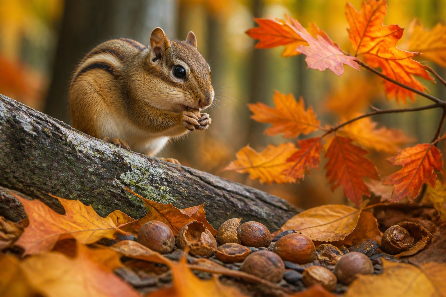 A chipmunk sitting on a tree branch surrounded by colorful autumn leaves and scattered seeds on the forest floor.