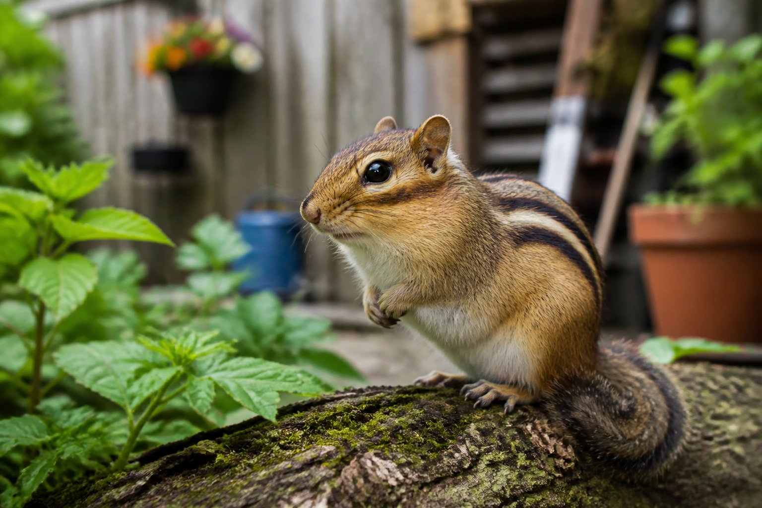 A chipmunk sitting on a tree branch near a garden fence surrounded by green plants.
