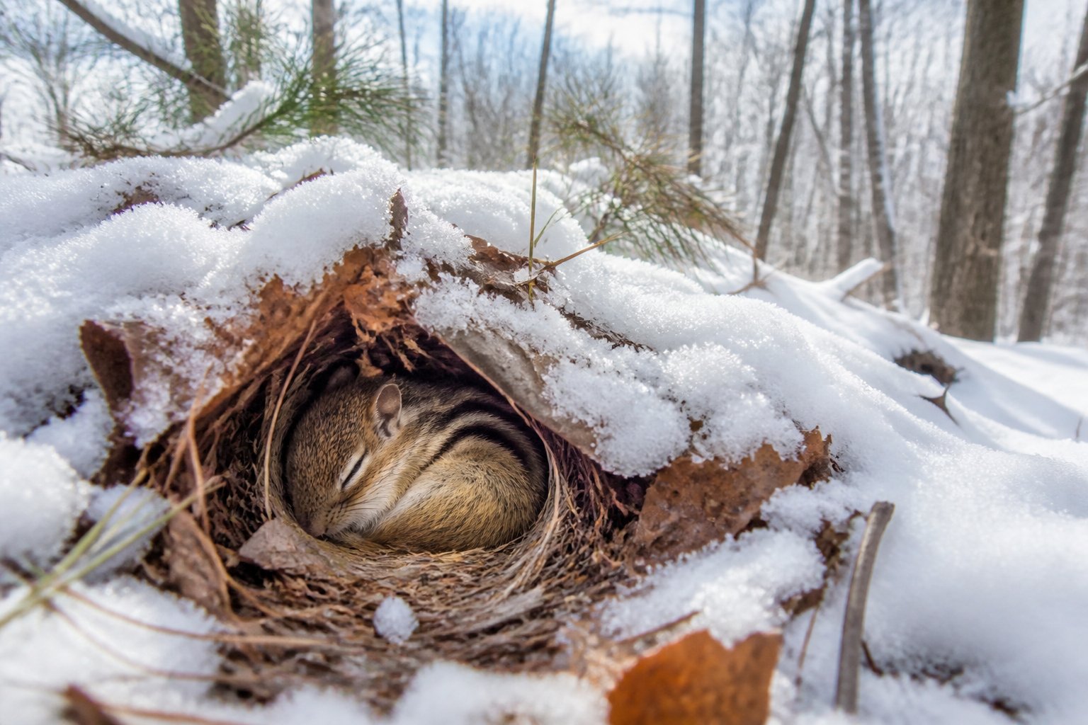 A chipmunk curled up and sleeping inside a snowy burrow in a winter forest.