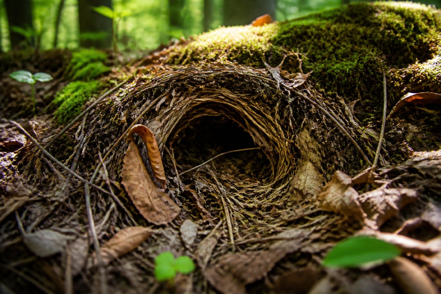 Close-up of a chipmunk nest on the forest floor surrounded by leaves and moss, showing a safe and cozy hibernation spot.