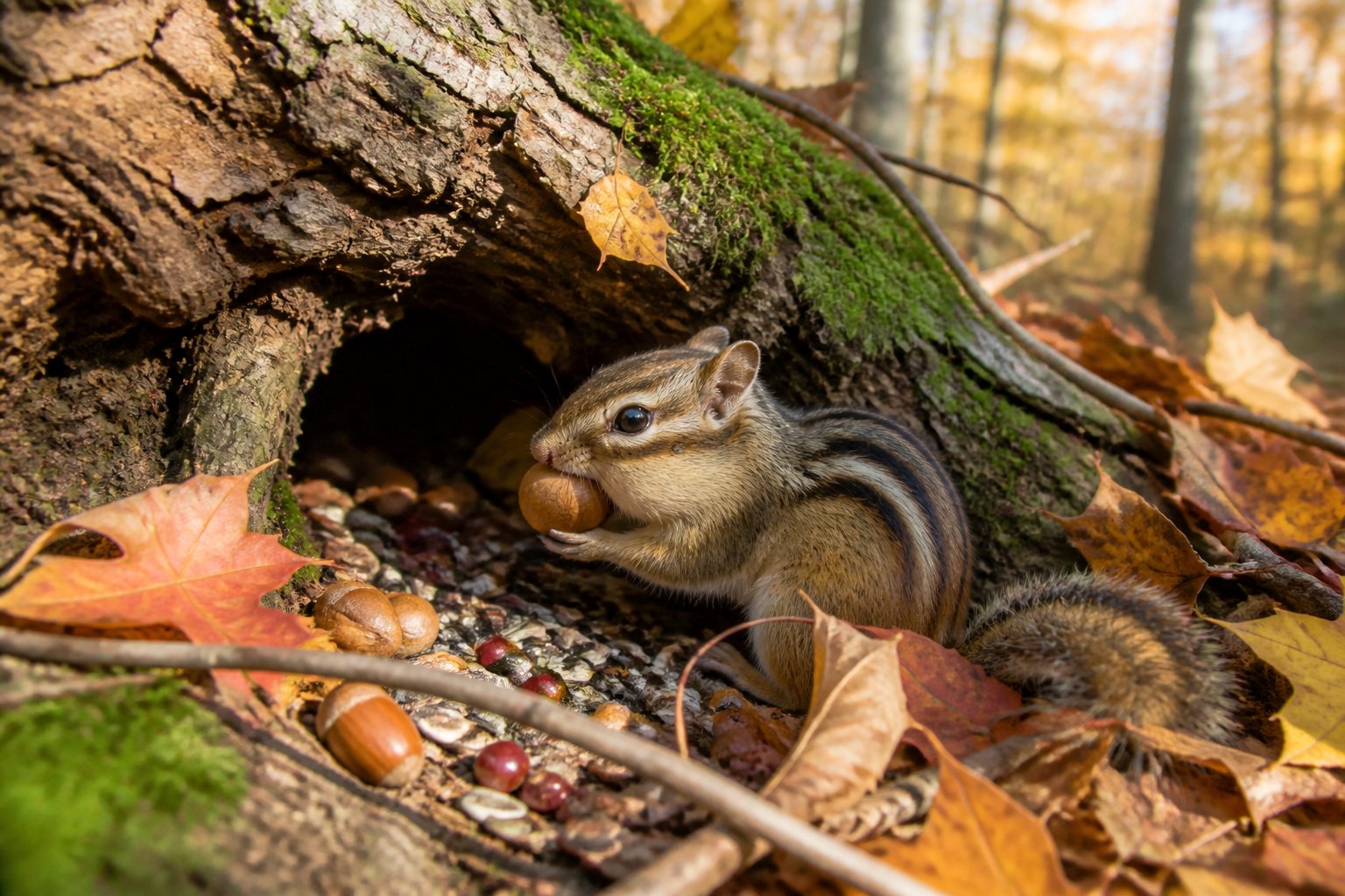 A chipmunk gathering food and storing it in a burrow among fallen leaves in a forest.