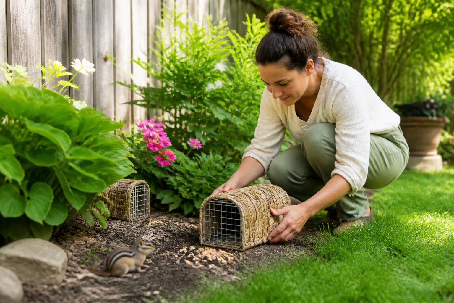 A person placing humane chipmunk traps near plants in a suburban backyard garden.