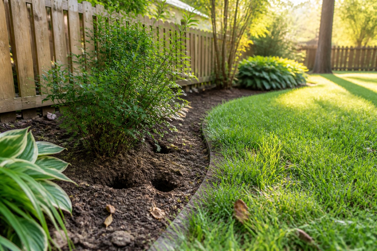 A backyard garden showing disturbed soil and small holes near plants, indicating chipmunk activity.