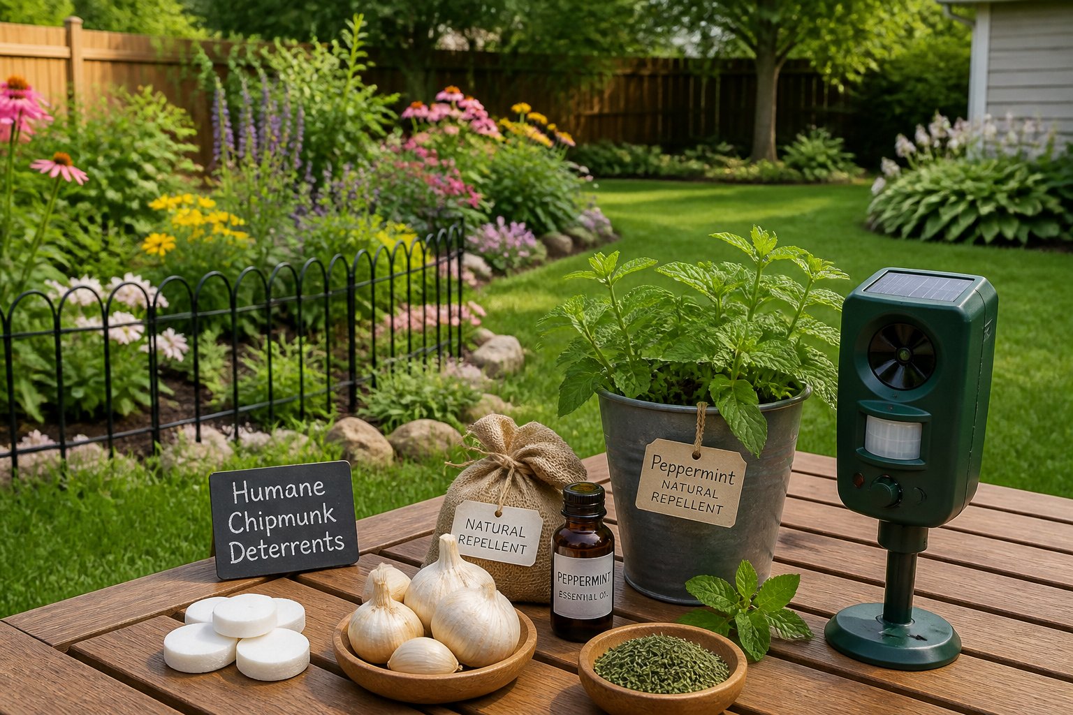 A backyard garden with natural chipmunk deterrents like peppermint plants and small fencing arranged on a wooden table.