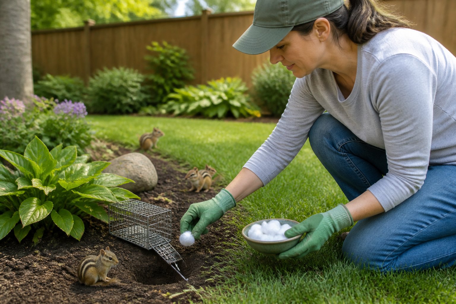 Person using humane methods to deter chipmunks in a suburban backyard garden.