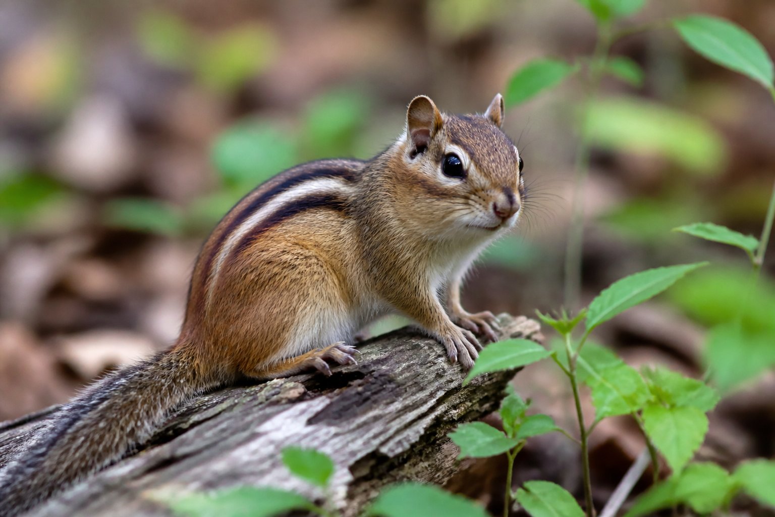 A chipmunk sitting on a tree branch surrounded by green forest foliage.
