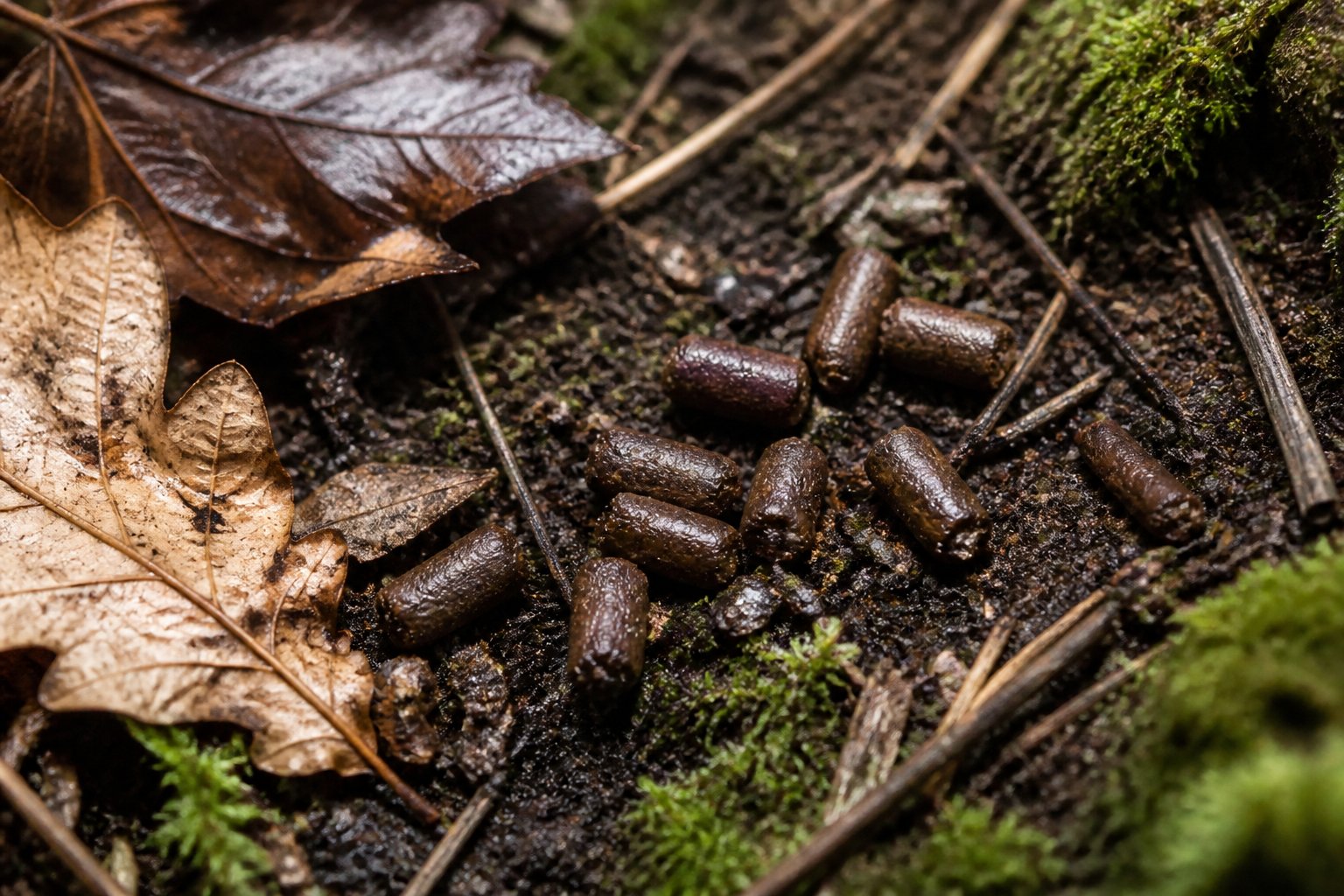 Close-up of small chipmunk droppings on a forest floor with leaves and moss.