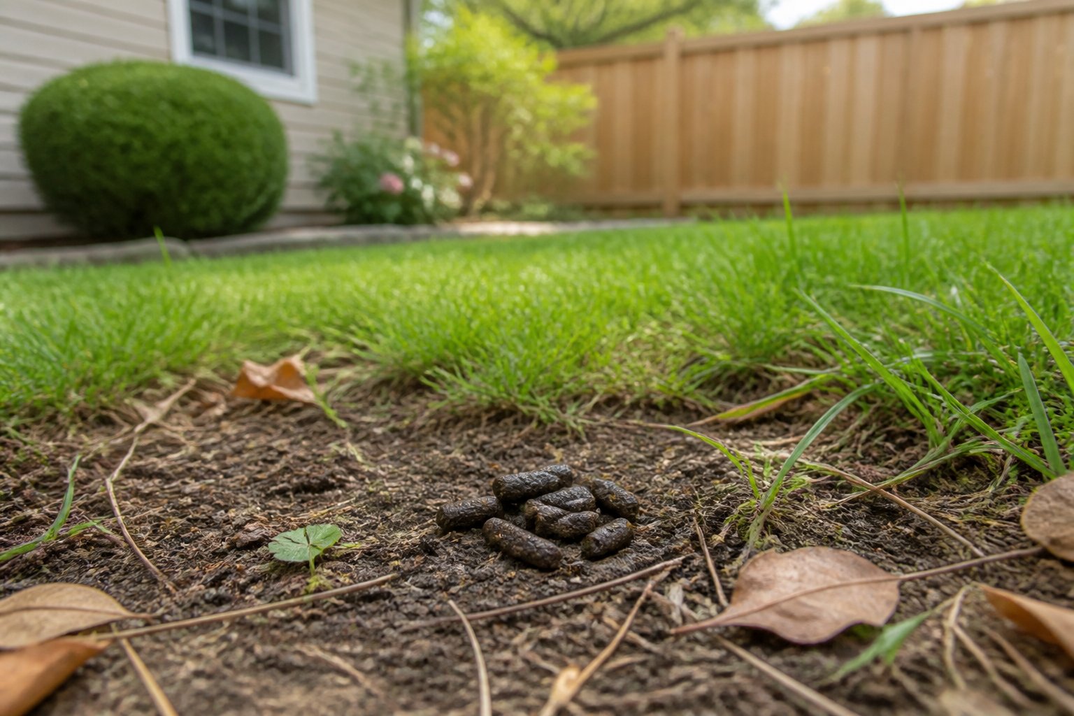 Close-up of chipmunk droppings on the ground in a backyard with grass, leaves, and a wooden fence in the background.