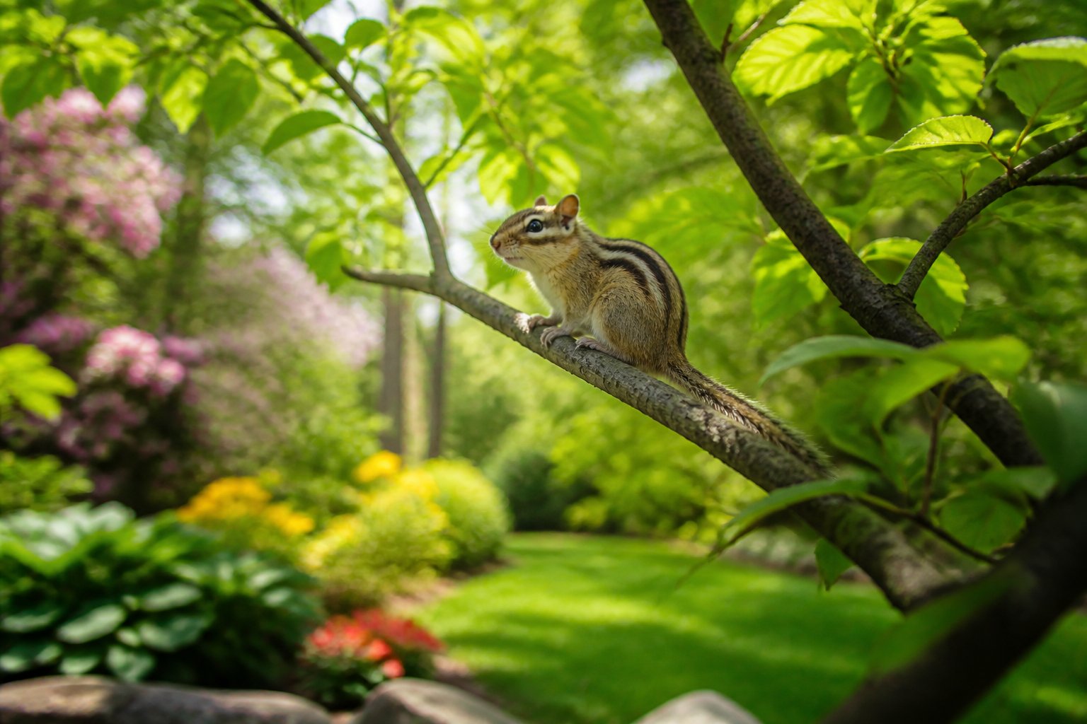 A chipmunk sitting calmly on a tree branch in a green garden with sunlight filtering through the leaves.