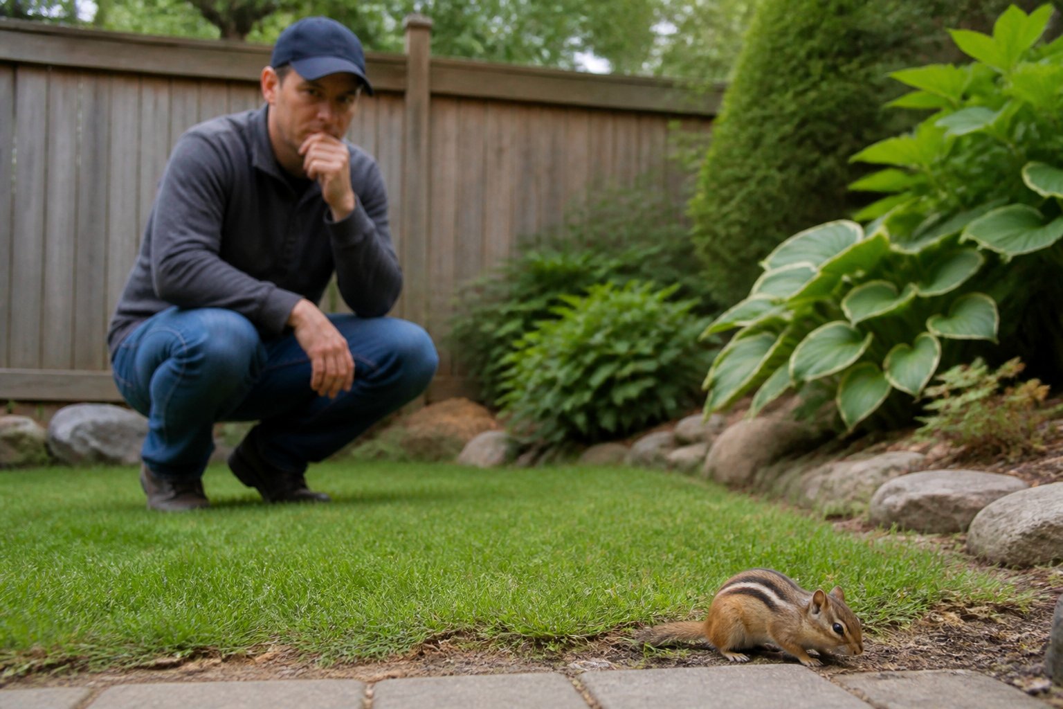 A person watching a chipmunk in a backyard garden near grass and shrubs.