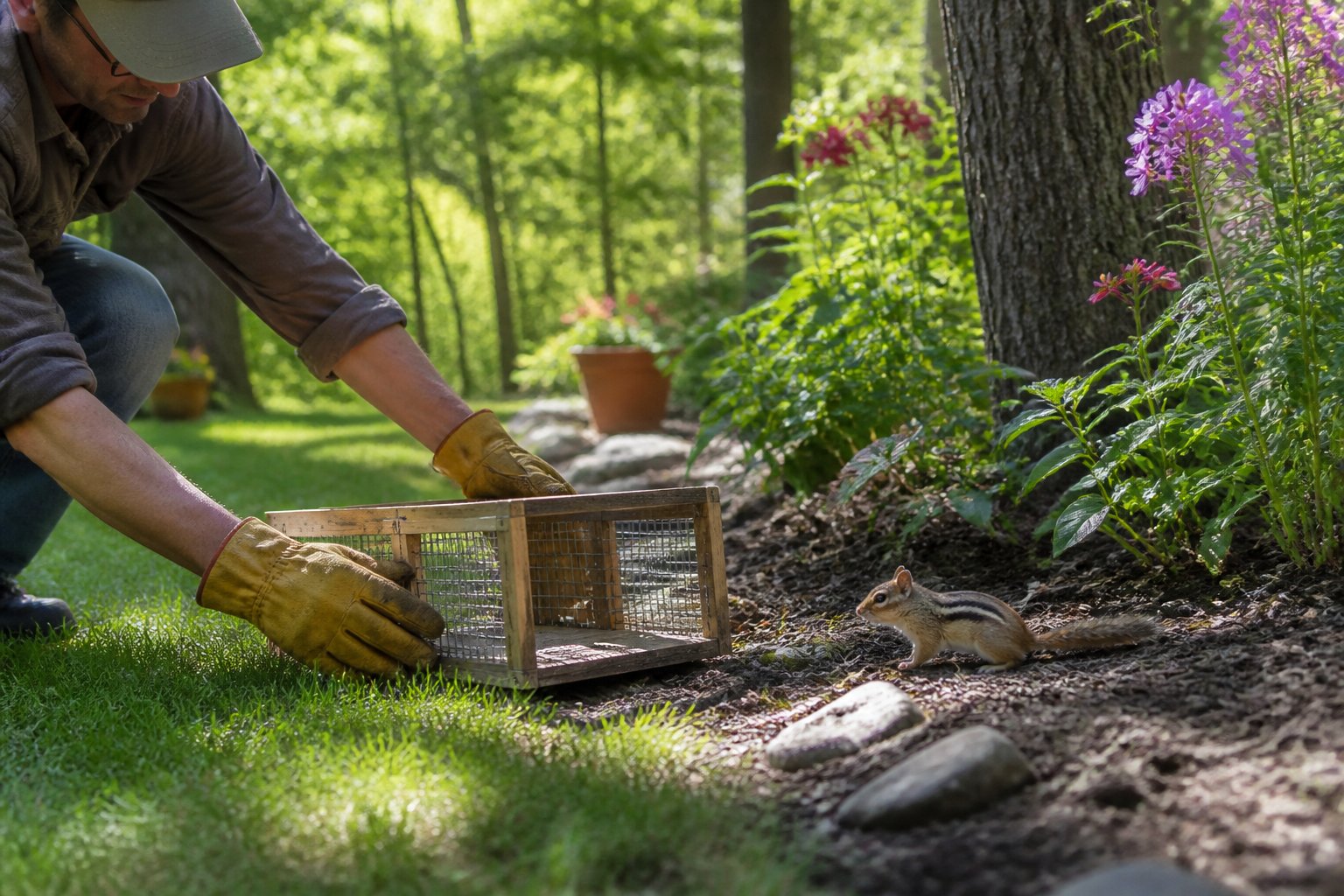 A person wearing gloves sets a humane live trap near plants while a chipmunk approaches in a backyard.
