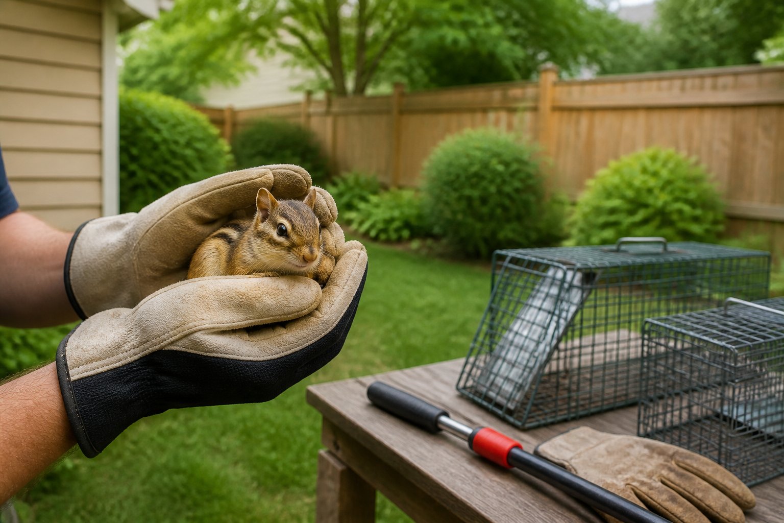 A person wearing gloves gently holding a small chipmunk outdoors with humane traps and tools on a table nearby in a backyard.