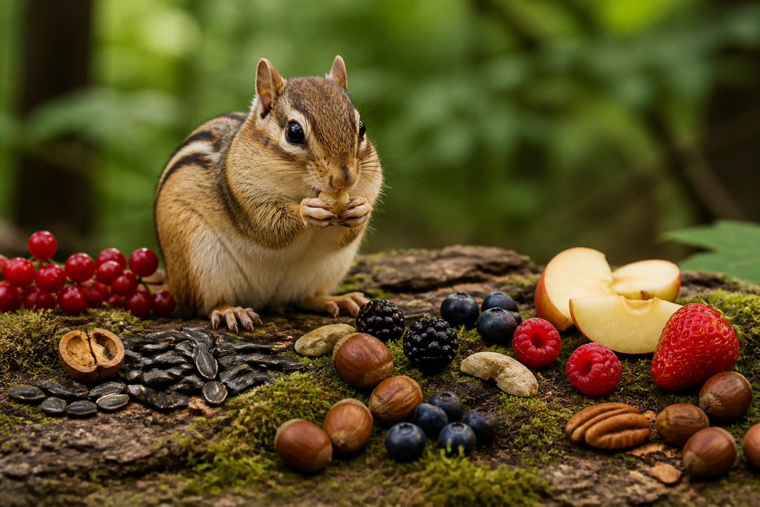 A chipmunk eating nuts and seeds surrounded by acorns, berries, and fruit in a green forest setting.