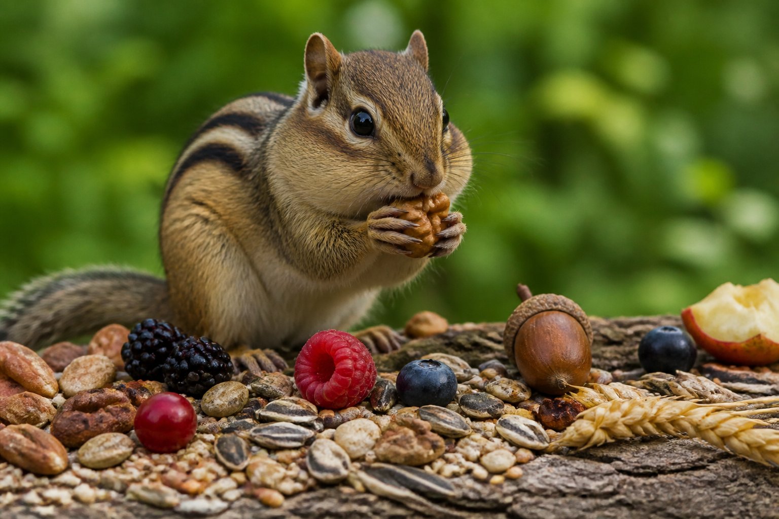 A chipmunk eating a nut surrounded by seeds, berries, and fruits in a natural outdoor setting.