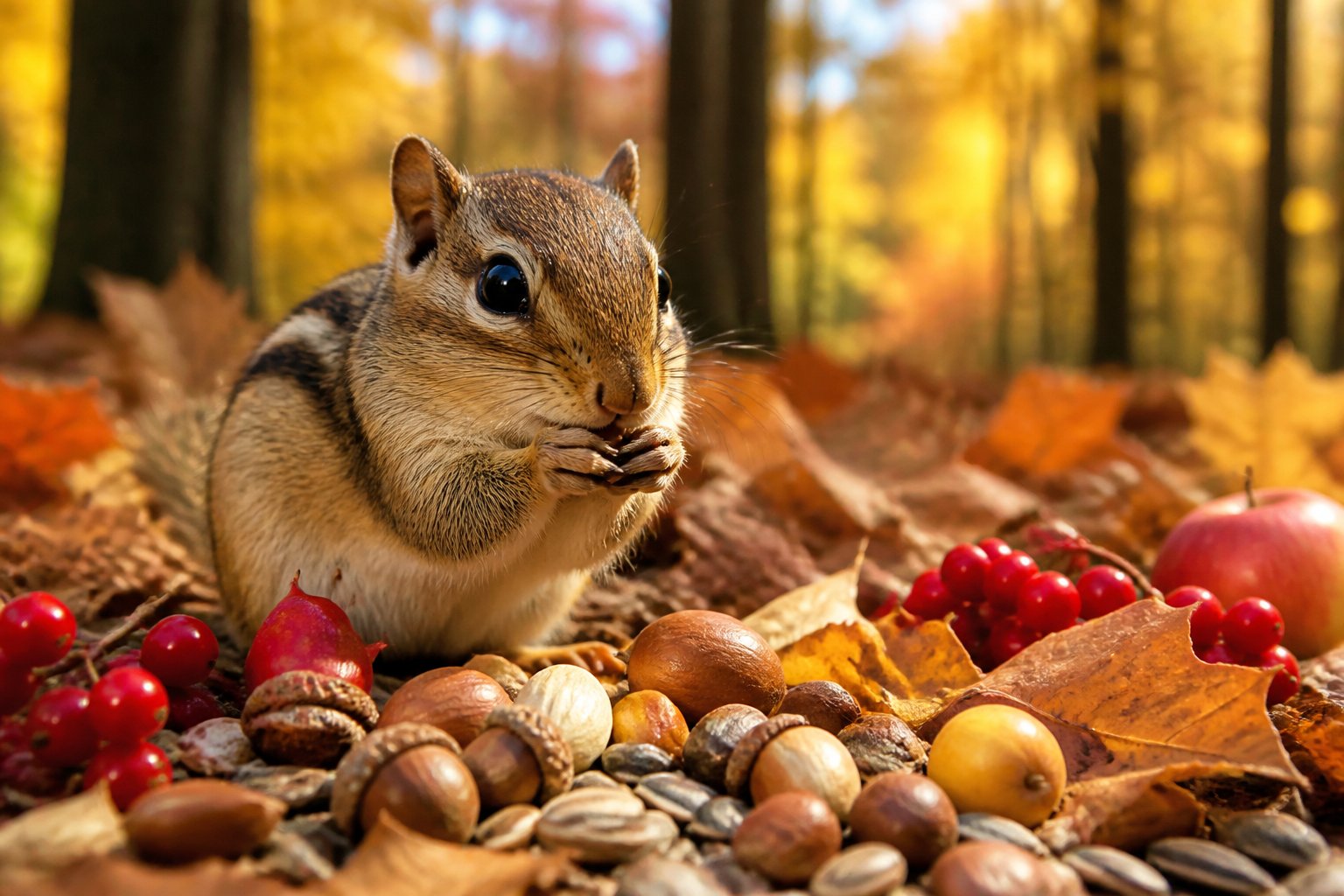 A chipmunk surrounded by nuts, seeds, and berries in a forest with autumn leaves.