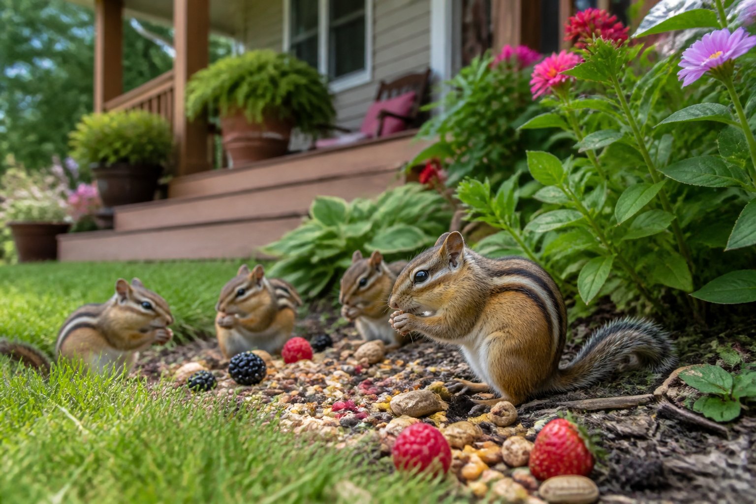 Several chipmunks eating nuts and berries near a garden by a house.