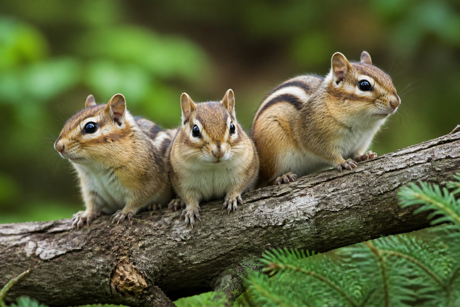 Three chipmunks sitting on a tree branch in a forest.